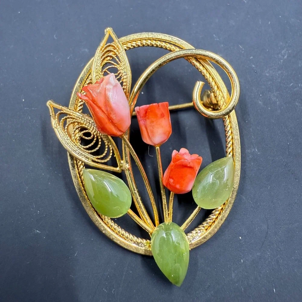 Vintage Tulip Flower Brooch Coral Jade Green Red Gold Tone Oval Pin 2